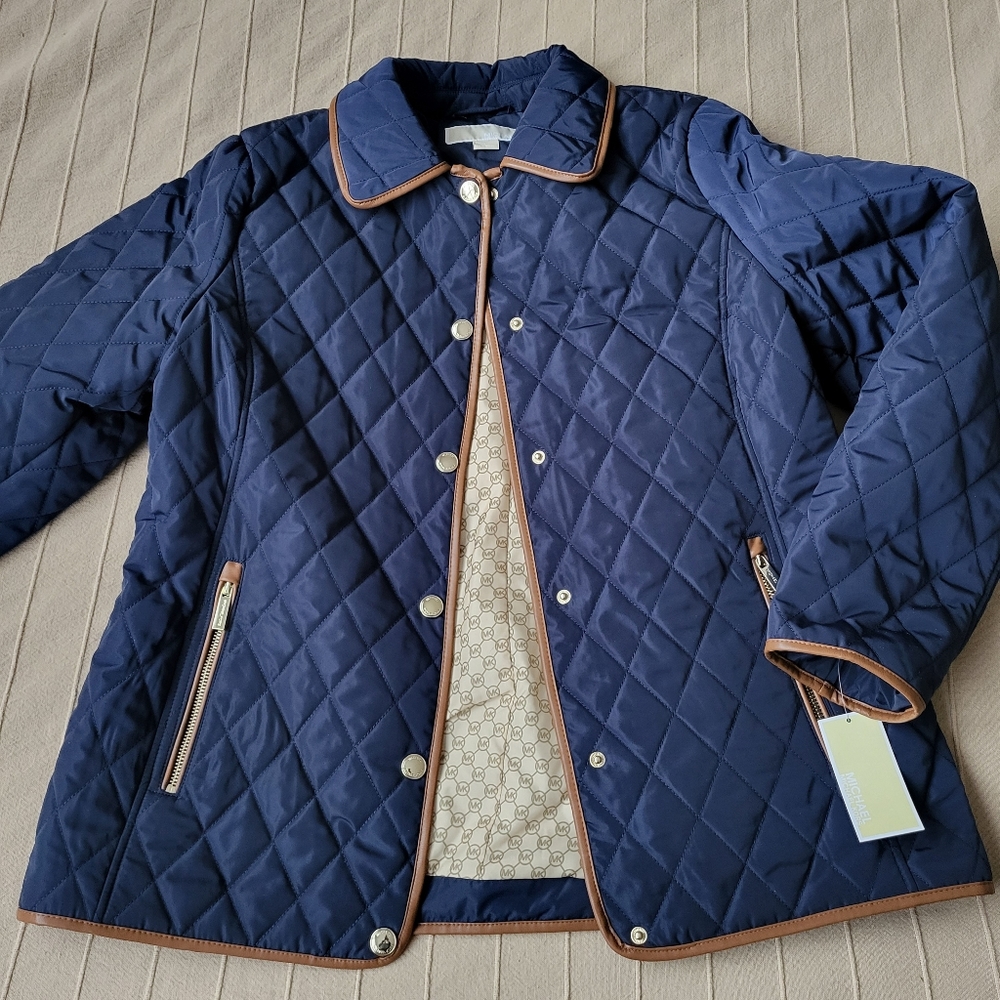 NWT WOMENS MICHAEL KORS QUILTED LEATHER TRIM SNAP BUTTONS & ZIP POCKETS JACKET M